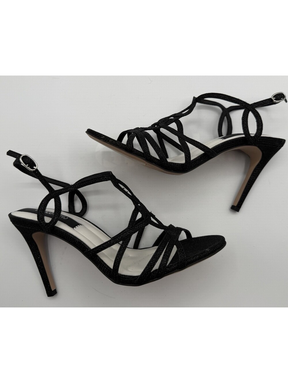 Franco Sarto Harley Black Glittery Strappy Heels Sandals 7.5 EUC Dress Wedding